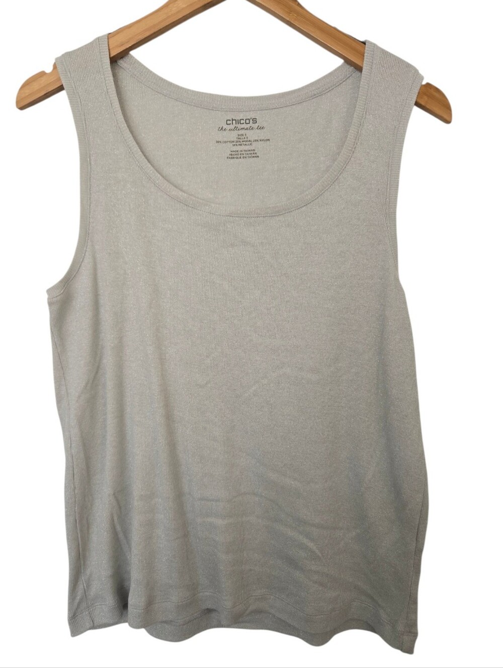 Chico’s The Ultimate Tee Silver Metallic Sparkle Tank — Size 3
